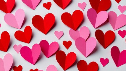 Background made of red and pink paper hearts with 3D effect and shadows on a light surface.