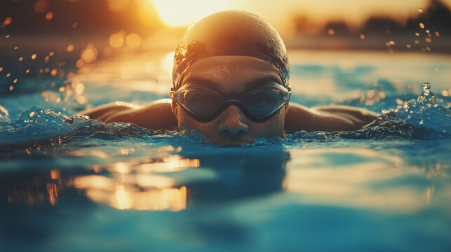 Close Up Of A Swimmer Doing Laps In A Pool During Sunset With Golden Light Reflecting On Water