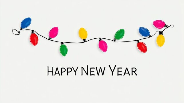 Colorful holiday lights arranged in a festive pattern, with a cheerful message wishing Happy New Year, creating a joyful atmosphere for celebrations and gatherings