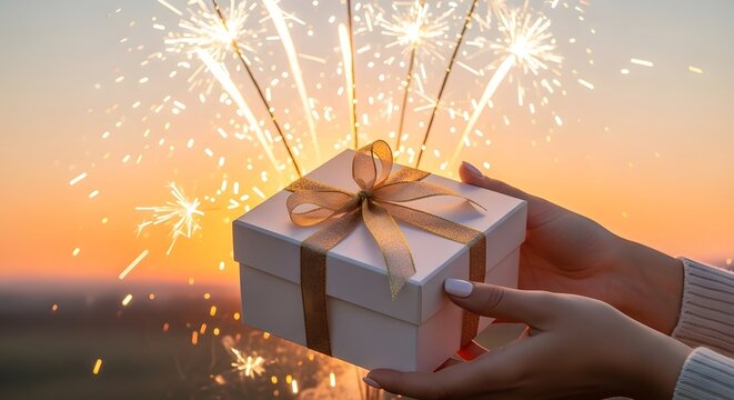Hands holding a gift box with sparklers at sunset. - Powered by Adobe