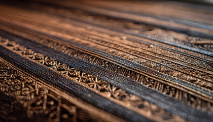A detailed view of a woven tablecloth with intricate patterns and textures