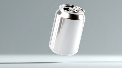 Floating aluminum can with a blank white surface, showcasing a sleek design against a soft gray background, ideal for beverage branding and advertising mockups