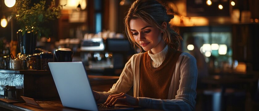 Elegant businesswoman using laptop in shared workspace - Powered by Adobe