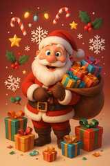 Cute Cartoon Santa Claus with Gift Bag Whimsical Christmas Illustration