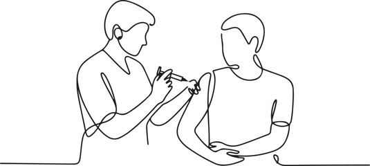 Healthcare professional administers vaccine to patient in line art style. one line Icon drawing with white background
