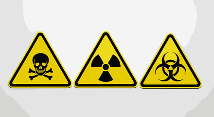 Warning Signs: Toxicity, Radiation, Biohazard Hazard Precautionary Symbols on a White Background for Laboratory Safety, Science Education & Industrial Compliance  in a Brightly Lit, Tidy Presentation,