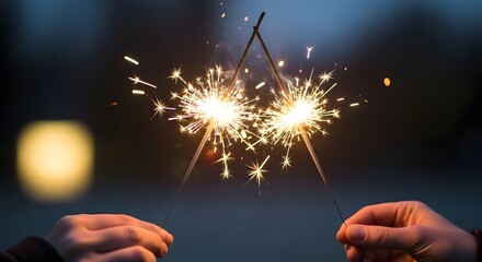 Hands holding burning sparklers at dusk creating a festive atmosphere.