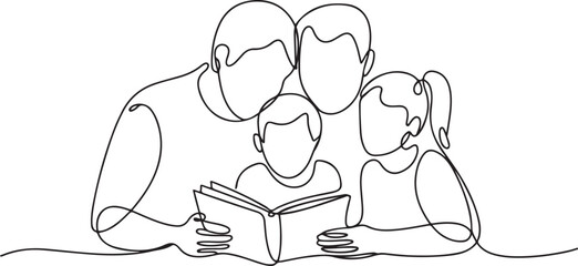 Family reading together a book in a continuous line drawing style. one line Icon drawing with white background