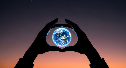 Hands holding glowing Earth globe at sunset symbolizing global care and environmental protection.