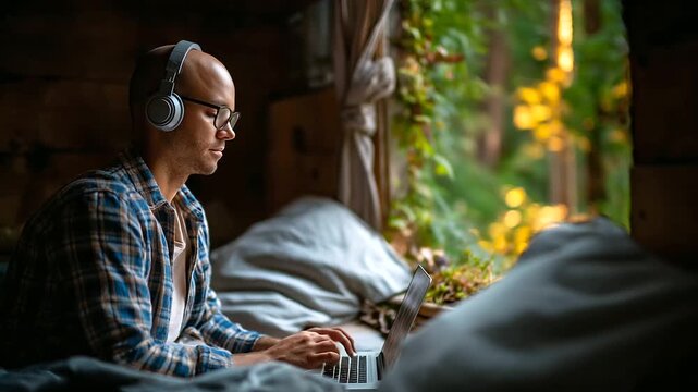 Man in headphones and flannel working on laptop in rustic cabin, forest window view, digital nomad mood, with copy space