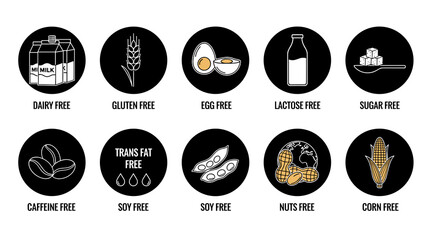 Allergen Information Icons Displaying Food Intolerance, Sensitivities and Dietary Restrictions, Providing Clear Nutritional Guidance on Product Labels in Modern Minimalist Style for Healthcare Present