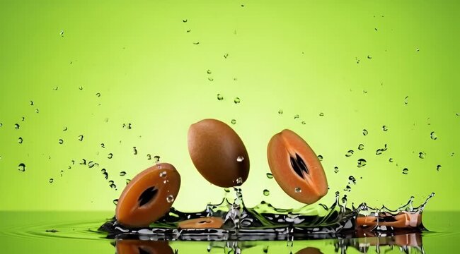 Three sapodilla fruits splashing into water with a vibrant green background and water droplets captured in motion.