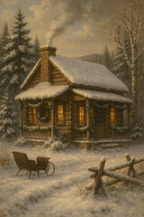 Snow Covered Rustic Christmas Cabin with Festive Wreath and Winter Landscape