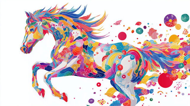 和柄の中を駆ける午が新年を告げる、2026年の年賀状にぴったりな和風イラスト。縁起の良いデザインが魅力。