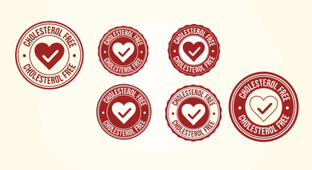 Cholesterol-Free Stamp Collection: Promoting Healthy Eating Choices for Wellness and Heart Health on a Clean Backdrop, Ideal for Nutrition Marketing and Healthcare Campaigns (Diet, Food, Seals)