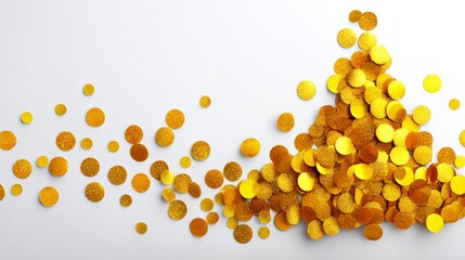 Golden glittering confetti scattered across a white background, creating a vibrant and festive atmosphere, ideal for celebrations and special occasions, enhancing visual appeal and creativity