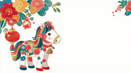伝統文様に包まれた駿馬が祝う、2026年干支の年賀イラスト。日本的な美しさが際立つ和風グラフィック素材。