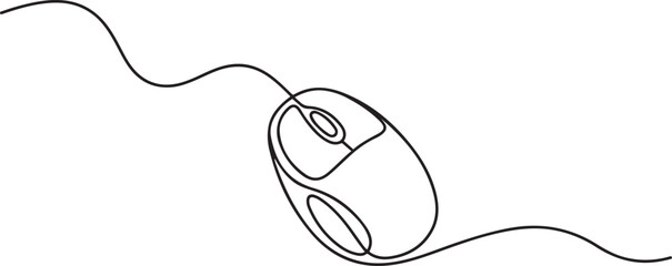 Minimalist single line drawing of a computer mouse with a cable. one line Icon drawing with white background