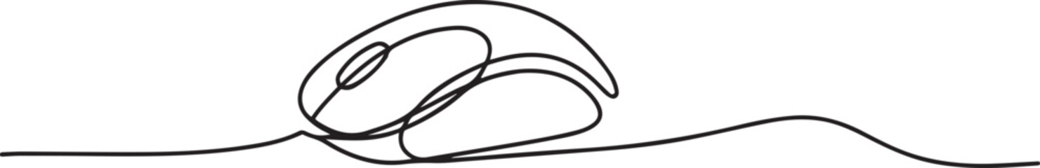Minimalist single line drawing of a computer mouse with a cable. one line Icon drawing with white background