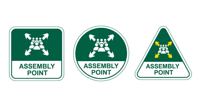 Assembly Point Signs for Emergency Evacuation & Safety Protocol: Square, Circle & Triangle in Green and White Offer Clear Guidance in Office, Workplace or Educational Setting for Preparedness & Regula