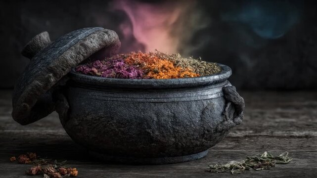 A rustic cauldron containing dried, colorful herbs with steam rising, on a wooden surface