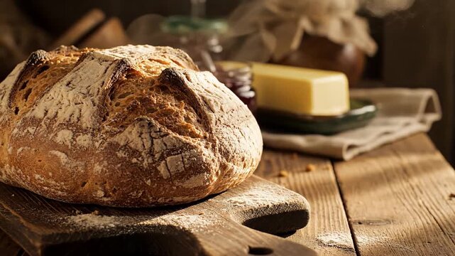 Rustic loaf of bread on wooden board, cozy kitchen setting with soft morning light, autumn harvest vibe with farmhouse elements