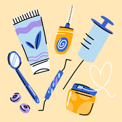 Dental kit for checking condition of teeth, dental mirror, periodontal probe, syringe, dental floss