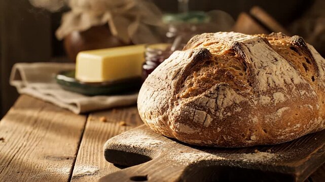 Rustic bread loaf on wooden board, cozy kitchen setting with butter and jam, autumnal breakfast vibe with warm morning light