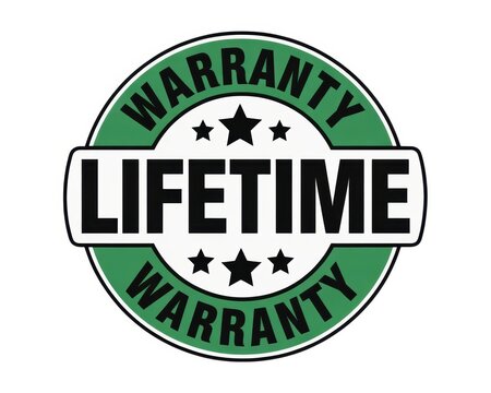 A green and white lifetime warranty badge with stars on a white background in a graphic design