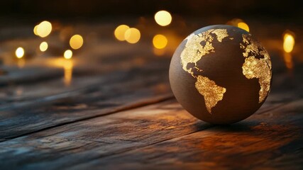 Video A wooden table featuring a golden globe on top, perfect for use in designs related to luxury, achievement, or celebration
