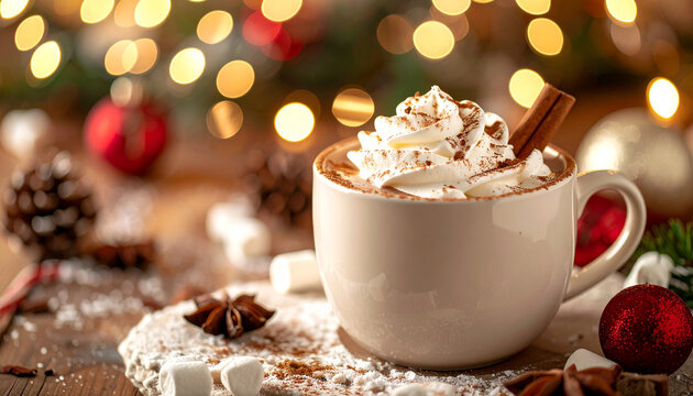 Cup of hot chocolate with marshmallows, cinnamon stick and whipped cream, Christmas