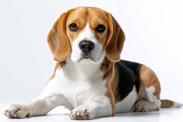 Beagle dog laying down on white background