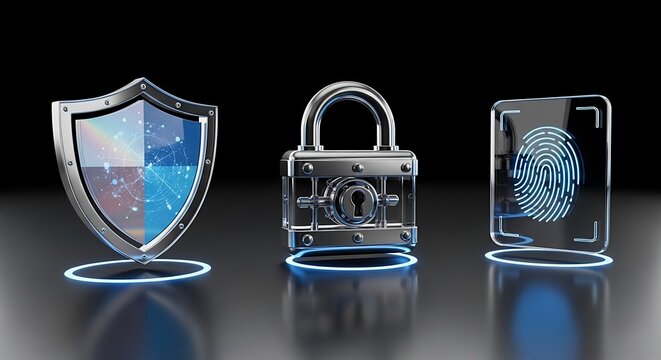 Cybersecurity shield padlock and fingerprint authentication offer robust digital protection for modern business networks and sensitive data storage systems