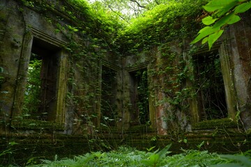 Overgrown Ruins of an Abandoned Stone Building, Nature Reclaiming Architecture