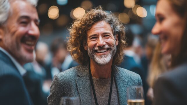 Smiling woman networking with colleagues at corporate conference, professional connections being made during Business Event, socializing amongst attendees - Powered by Adobe