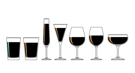 Elegant Wine & Drink Glasses Collection Illustration: Exploring Various Beverage Containers in a Minimalist Presentation for Restaurant Menus, Bar Designs, & Drink Guides, Featuring Classic Glassware,