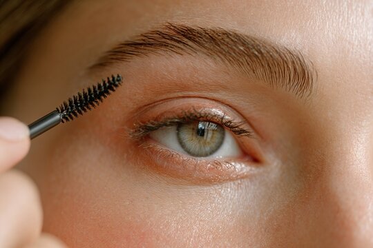 Woman brushing eyebrows with spoolie close-up on natural skin
