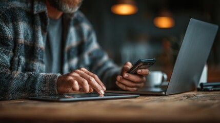 Close up of man multitasking with tablet, laptop, and cellphone connecting to wifi, working in cafe
