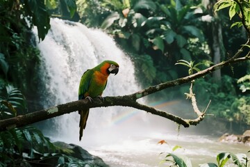 A colorful macaw perches on a branch in front of a waterfall in a lush tropical rainforest.