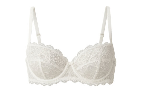 White lace underwire bra with adjustable straps presenting femininity and style on a transparent background