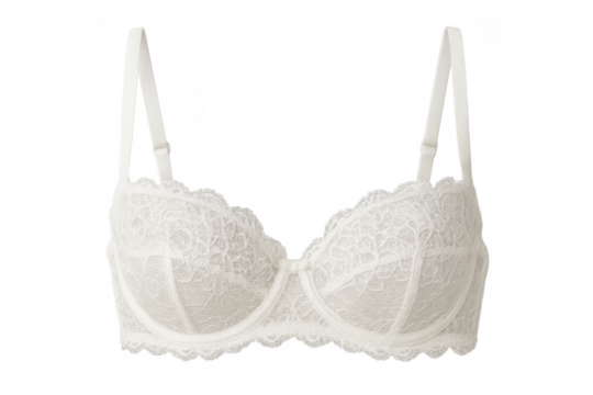 White lace underwire bra with adjustable straps presenting femininity and style on a transparent background