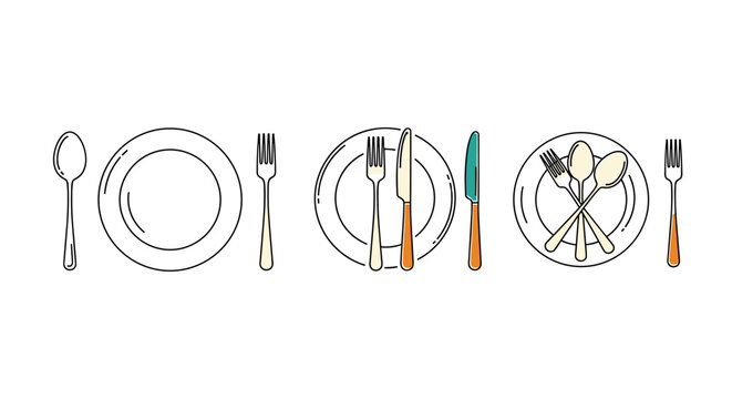 Elegant Table Setting for Fine Dining Event: Modern Place Setting Arrangement for Formal Dinner, Catering Service, or Restaurant Menu Presentation – Featuring Plates, Silverware, Cutlery, and Utensils