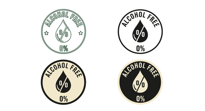 Four Alcohol-Free Product Labels Showcase Zero Percent ABV for Health-Conscious Consumers, Promoting Wellness and Clear Choices in Food & Beverage Marketing Materials, Ideal for Packaging, Advertising