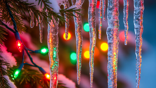 Close-up of shiny icicles hanging from snow-covered spruce branches, with bright fairy lights in the background (bokeh).