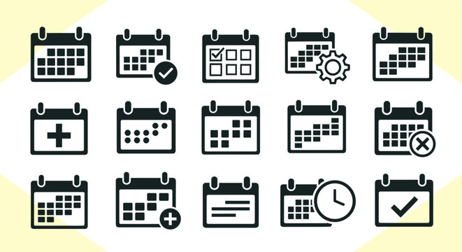 Calendar Icons Set Planning Appointments, Scheduling Events & Deadlines for Business Organization, Reminder Systems & Time Management in Modern Designs for Print & Web Graphic Resources, Marketing Tem