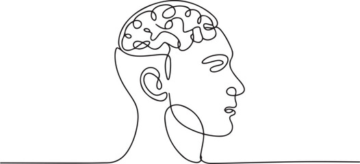 Continuous one line drawing men head and brain inside. The concept of thinking ideas inside the person's head. one line Icon drawing with white background