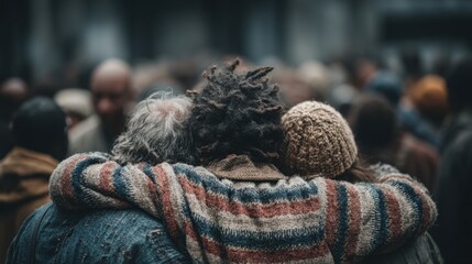 Group of diverse people hug for comfort and support, displaying unity and empathy in a warm embrace, showcasing human connection and friendship