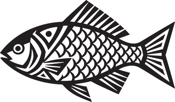A striking black and white illustration of a stylized rohu fish design