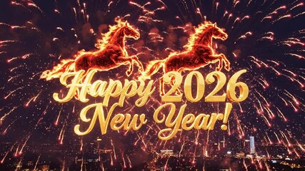Fiery horses leap over fireworks, symbolizing dynamic energy and celebration, New Year's Eve lights up the city skyline with vibrant bursts, festive atmosphere of renewal and hope