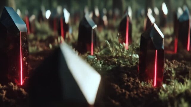 A forest of dark, obsidian-like structures with red neon lights, growing in the earth